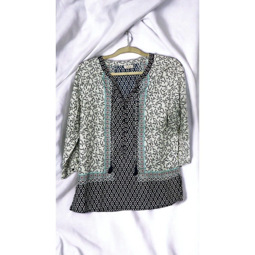 Antilia Femme Printed Boho 3/4 Sleeve Blouse Size L Tassel Neck Tie